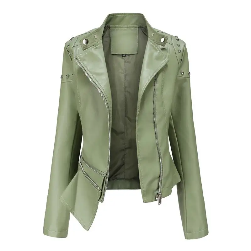 Stand-Collar Rivet-Detail Zip-Front Faux-Leather Leather Casual Outerwear Jacket