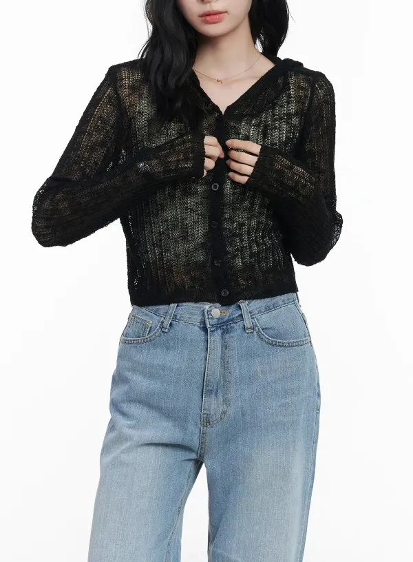 Sheer Crop Hoodie Knit Cardigan