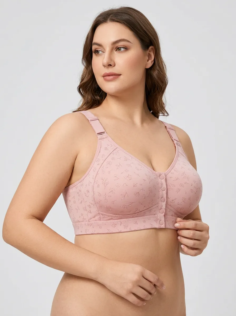 Women's Plus Size Dusty Rose Rose Floral Front-Closure Full-Coverage Wireless Bra