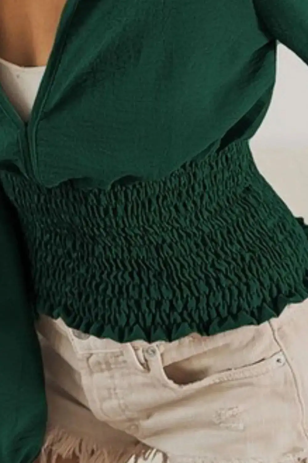 Smocked-Waist Deep-V-Neck V-Neck Puff-Sleeve Fashion Top