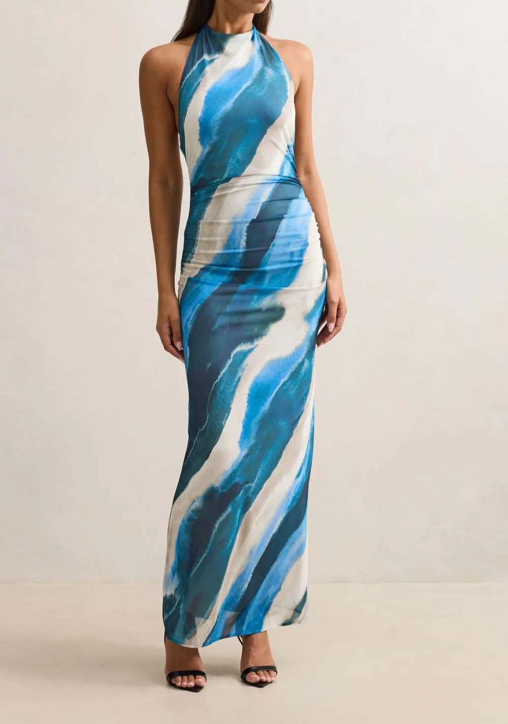Blue White Abstract Print Halter Mesh Maxi Dress