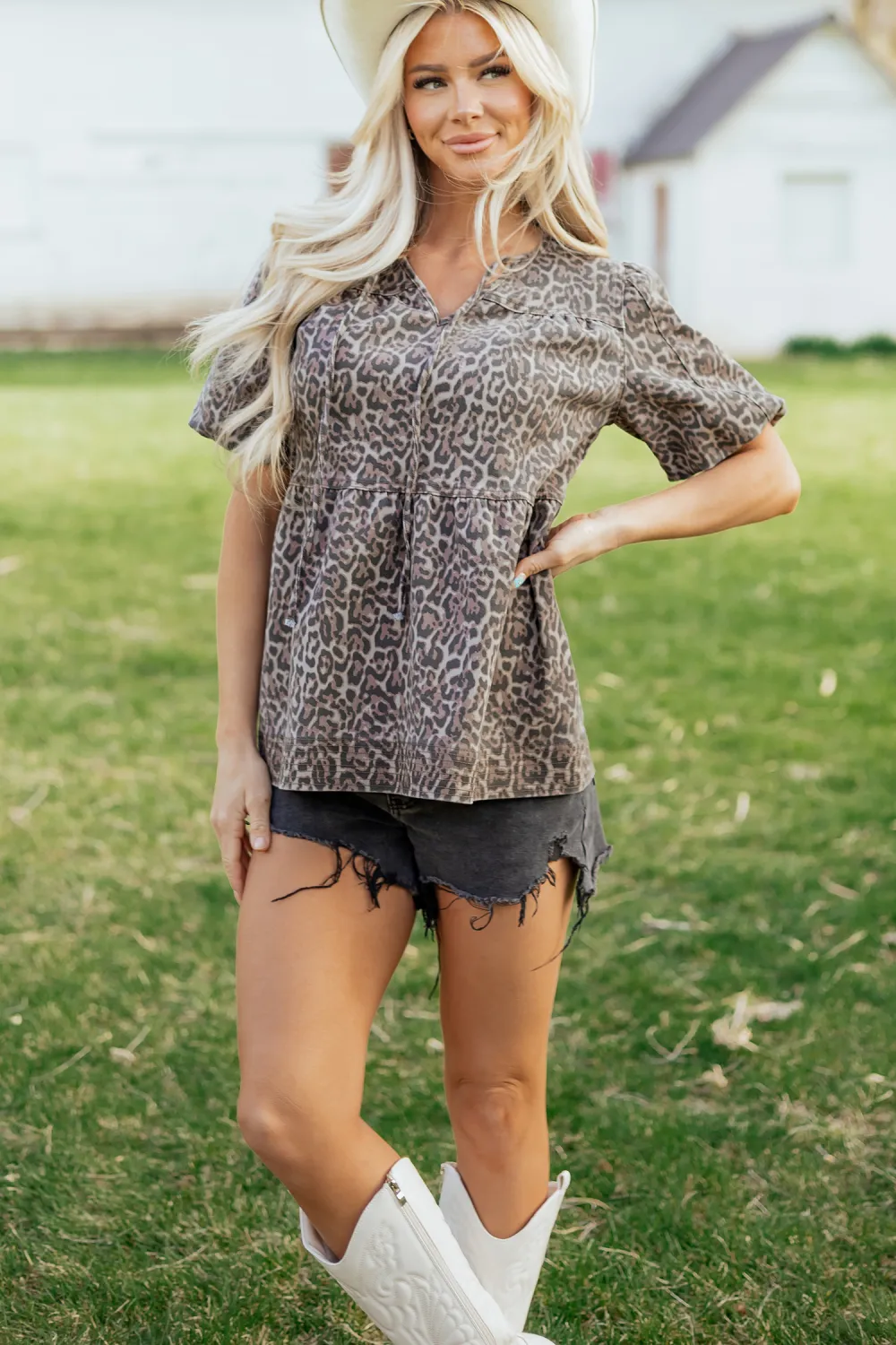 Brown Leopard Tie Neck Short Sleeve Top
