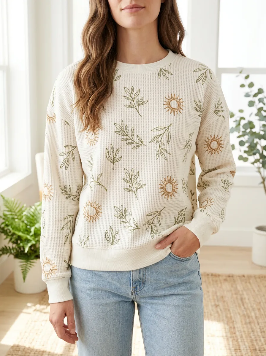 Women's Boho Sun Leaf Printed Waffle Knit Crewneck Sweatshirt