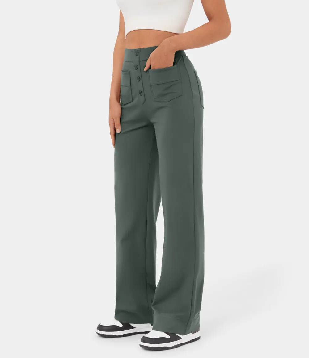 High Waisted Button Multiple Pockets Straight Leg Casual Pants
