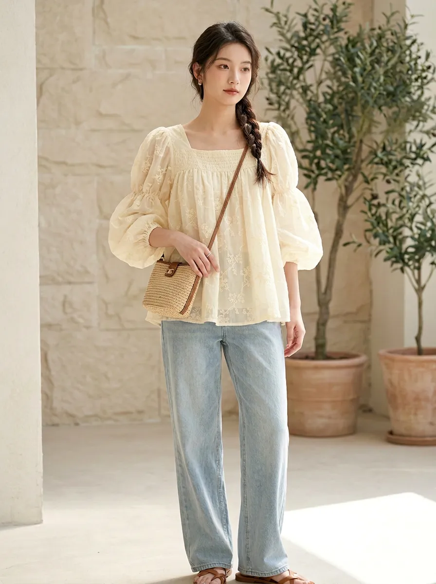 Embroidered Floral Smocked Women's Puff-Sleeve Blouse