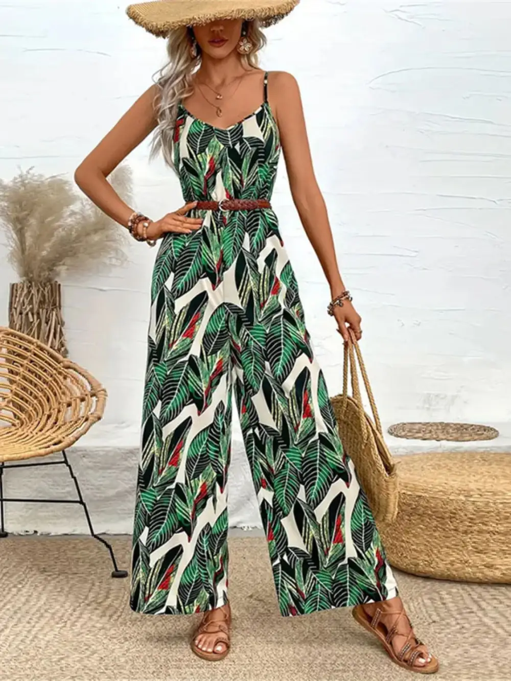 Tropical Spaghetti Strap Wide Leg Jumpsuit