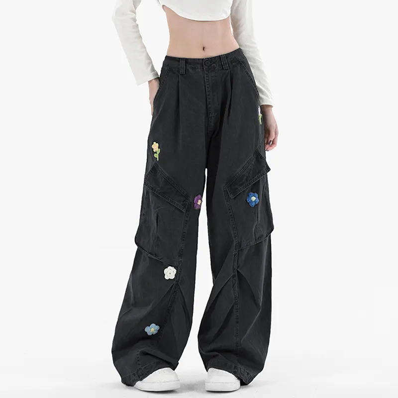 Multi Pocket Embroidered Floral Cargo Pants