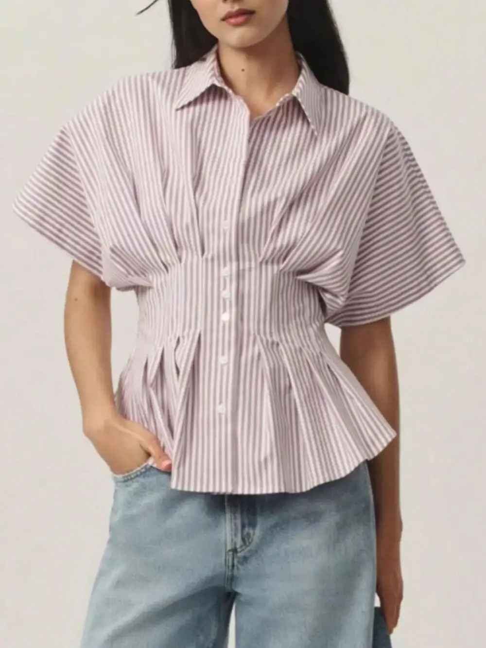 Cinched-Waist Striped Buttoned Shirt