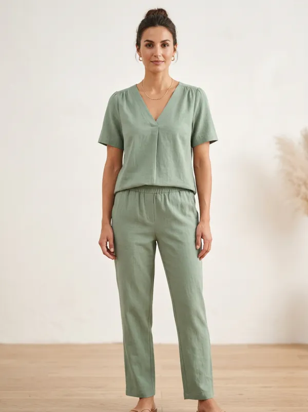 Short-Sleeve Pleated Relaxed Women's V-Neck Casual Lounge Set