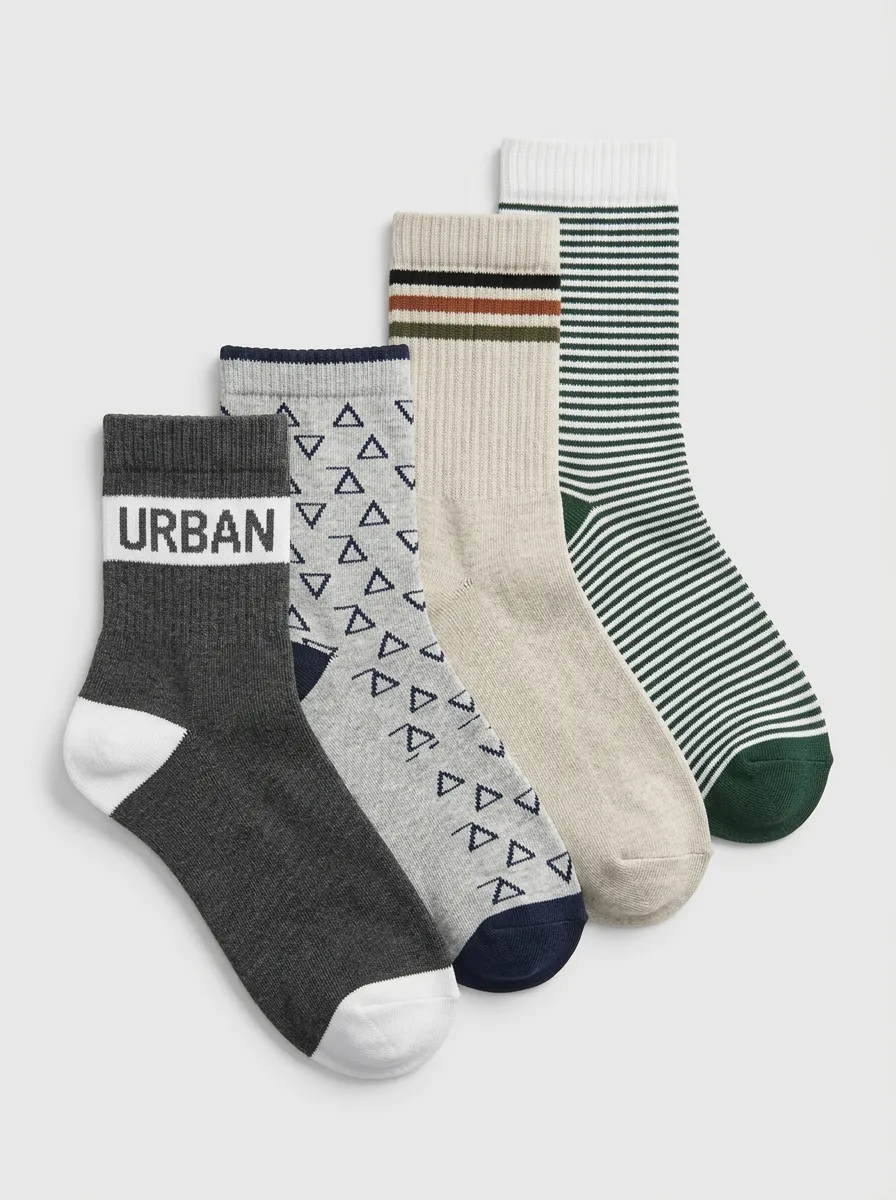 Striped Geometric Crew Length Ribbed Texture Men's Crew Socks Four-Pair Pack