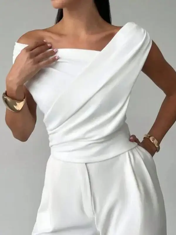 Short Sleeve Slim Fit Asymmetric Pleat Detail Panel Detail Asymmetric Neckline T-Shirt