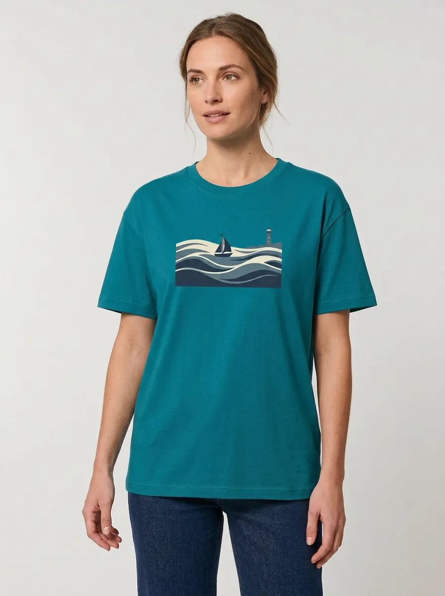 Women's Sailboat & Lighthouse Graphic Crewneck T-Shirt