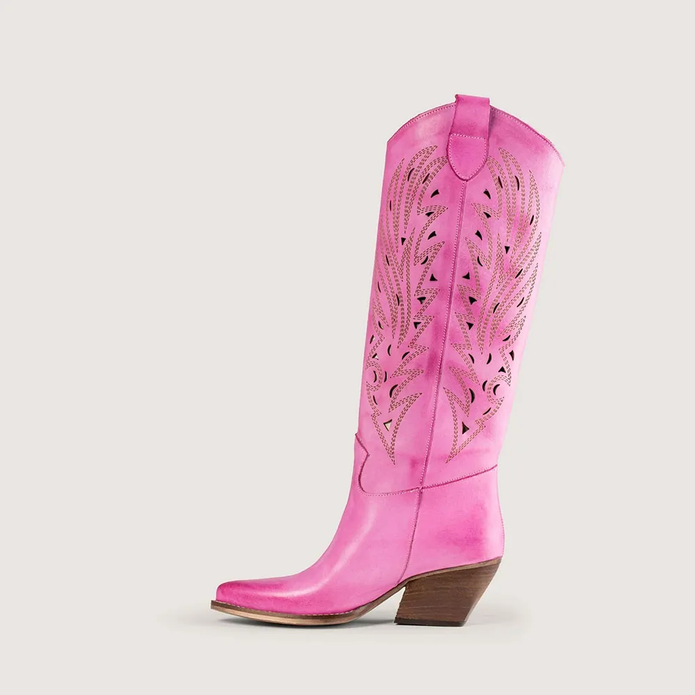 Faux-Leather Distressed Embroidered Snip-Toe Knee-High Boots