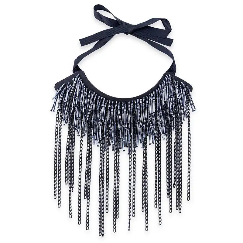Beaded Glass Tube Chain Necklace With Fringe