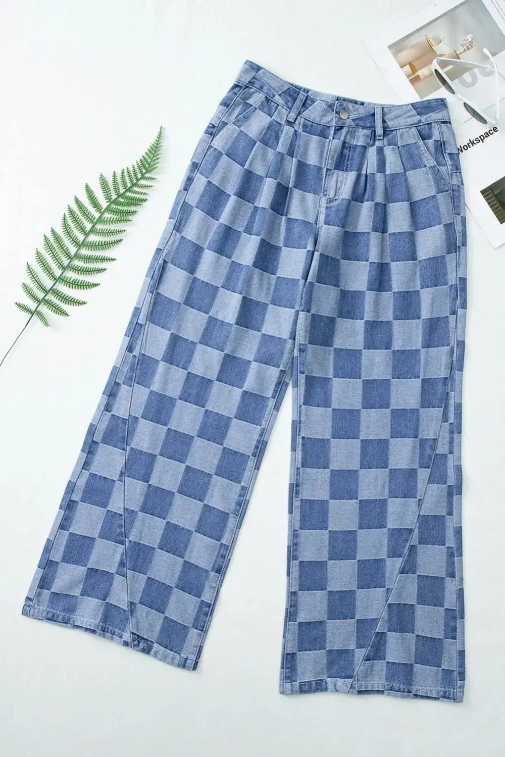 Plaid Relaxed Fit Wide Leg Pocketed Casual Jeans