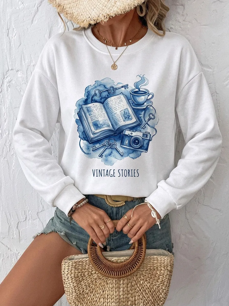 Women's Book Vintage Stories Camera Graphic Sweatshirt