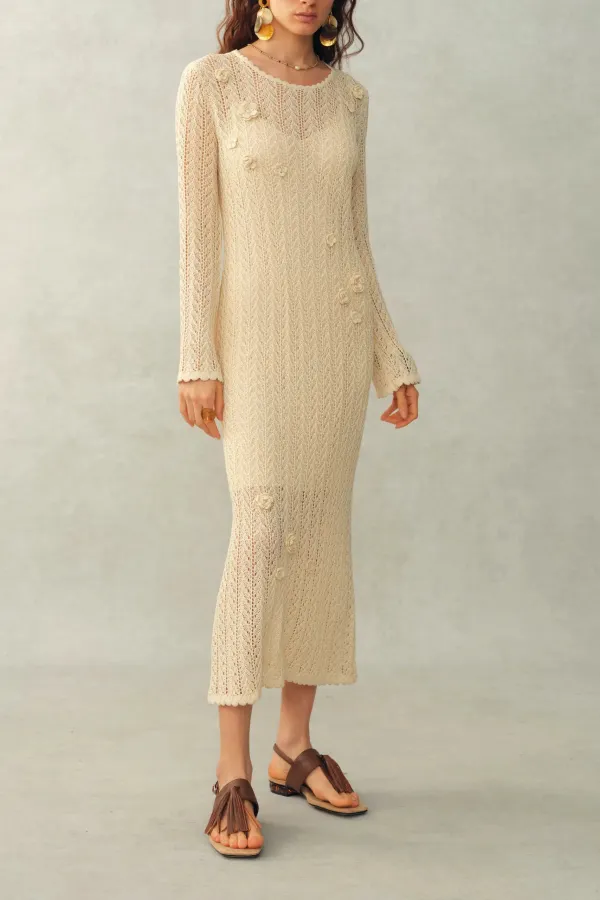 Open Knit Floral Linen Blend Midi Dress