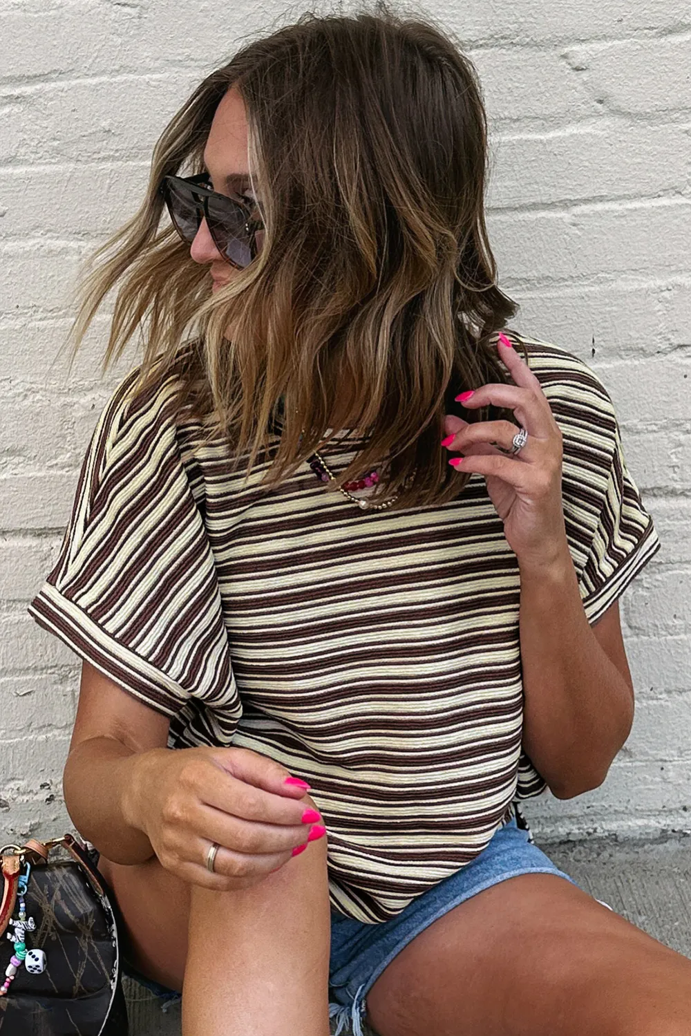 Brown Stripe Textured Side Slits Tee