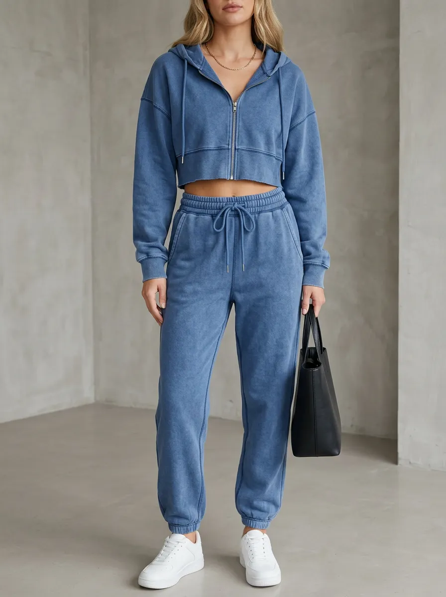 Cropped Acid-Wash Jogger Women's Cropped Zip-Up Hoodie Jogger Active Set