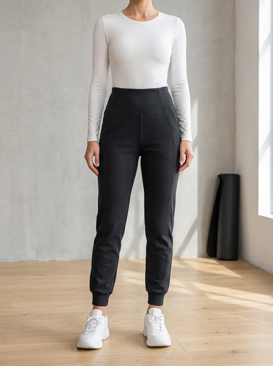 Women's High-Waisted Solid Black Athletic Jogger Pants