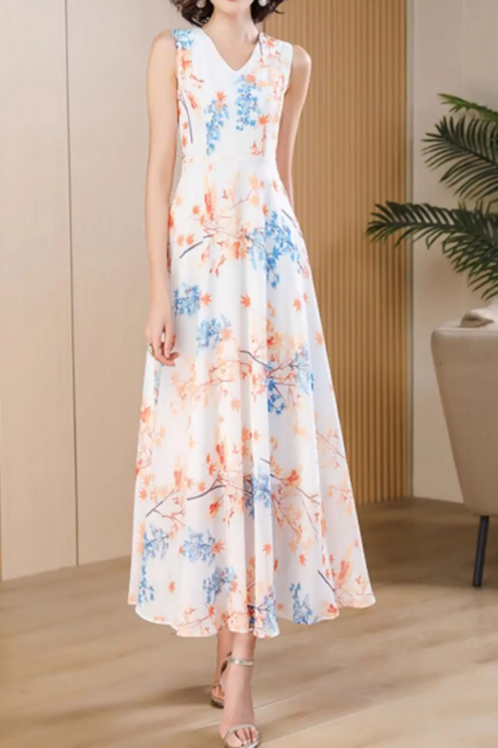 Floral Chiffon V Neck Sleeveless Maxi Dress
