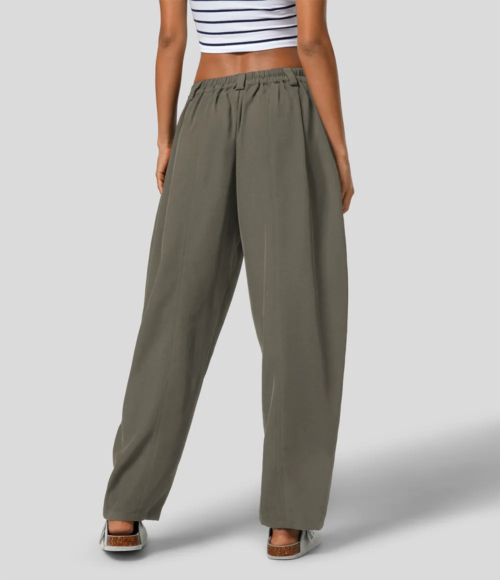 Mid Rise Plicated Side Pocket Barrel Leg Work Pants