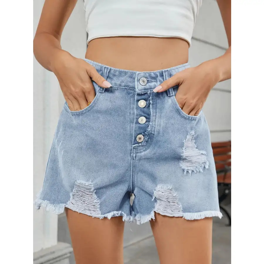 Simple Distressed Raw Hem Denim Shorts
