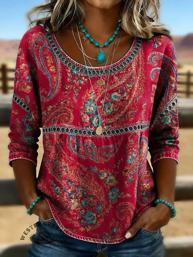 Women'S Western Retro Printed Casual T-Shirt