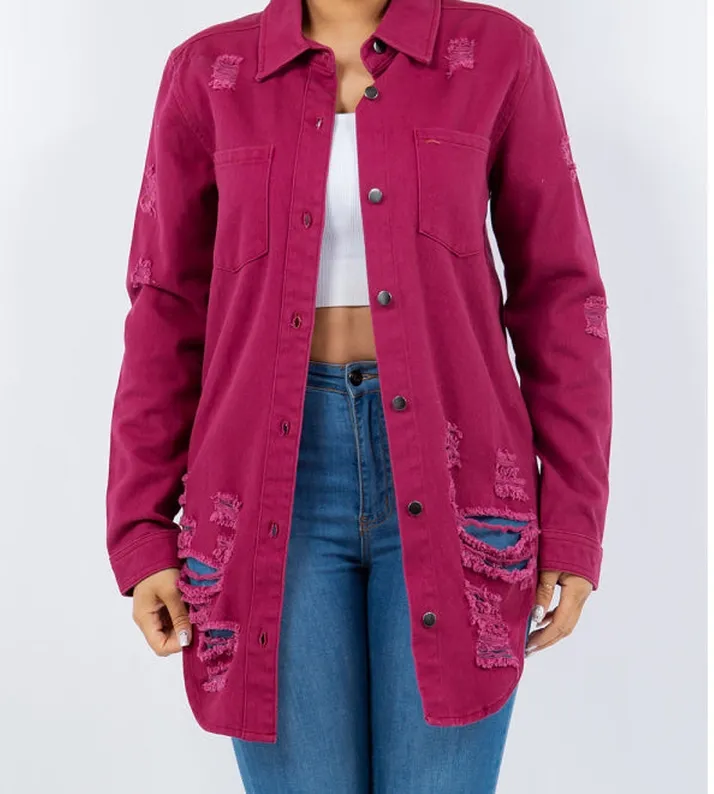 Distressed Button-Up Long-Sleeve Denim Jacket