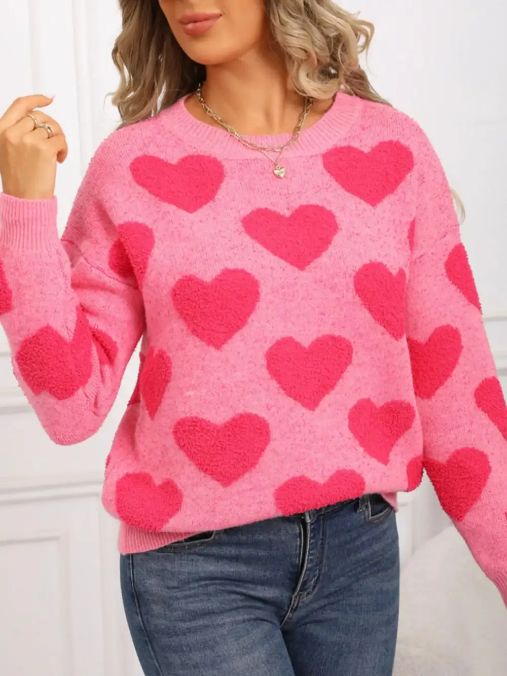 Textured Valentine's Day Heart Pattern Round Neck Sweater