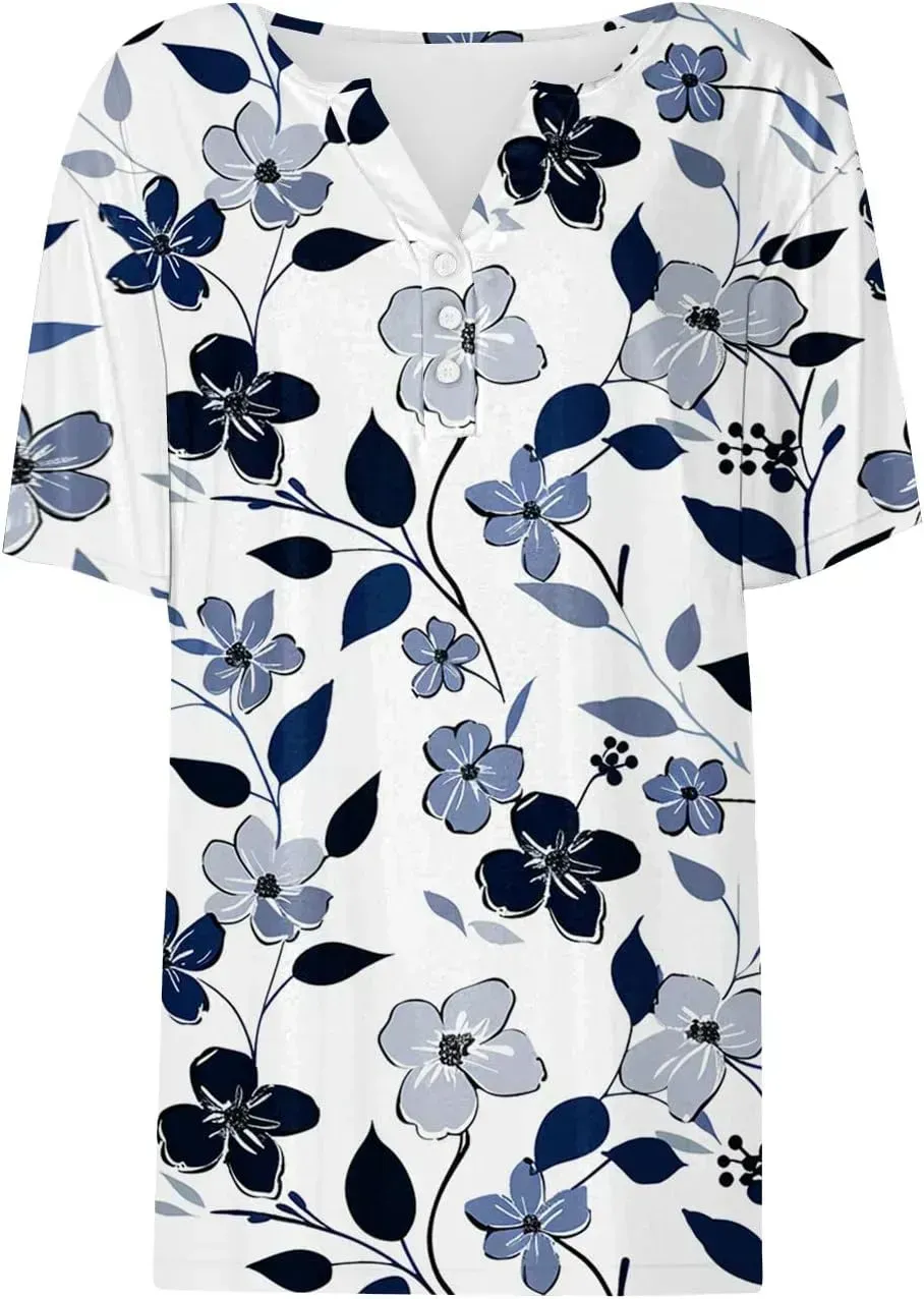 Shirts for Women Casual Printed Summer Tops Short-Sleeved Button V-Neck Tops Blouse Fashion Boho T-Shirts