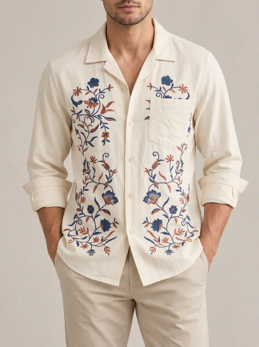 Men's Vintage Inspired Floral Embroidered Linen Blend Shirt