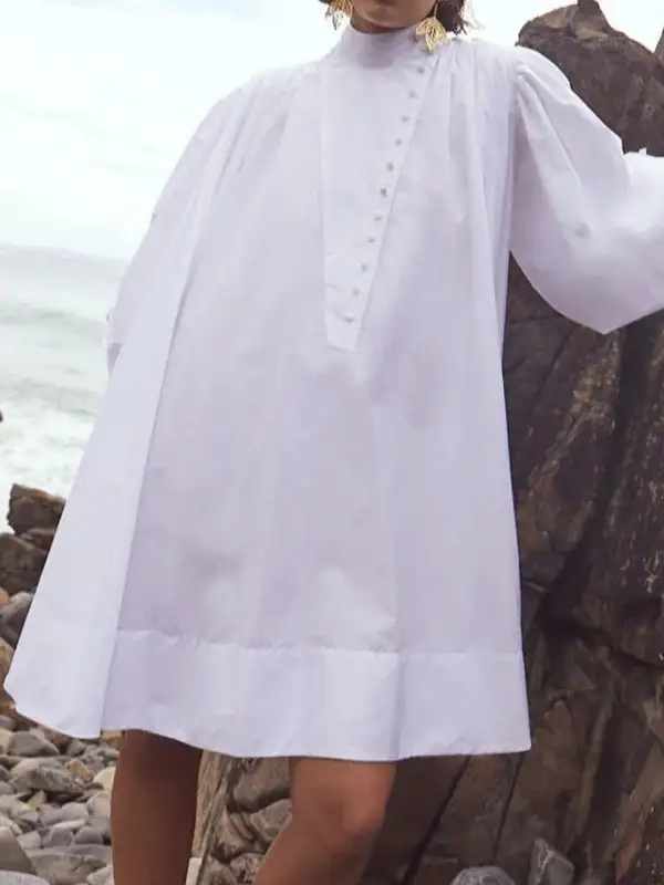 Long Sleeve Relaxed Buttoned Solid Color Stand Collar Mini Dress Shirt