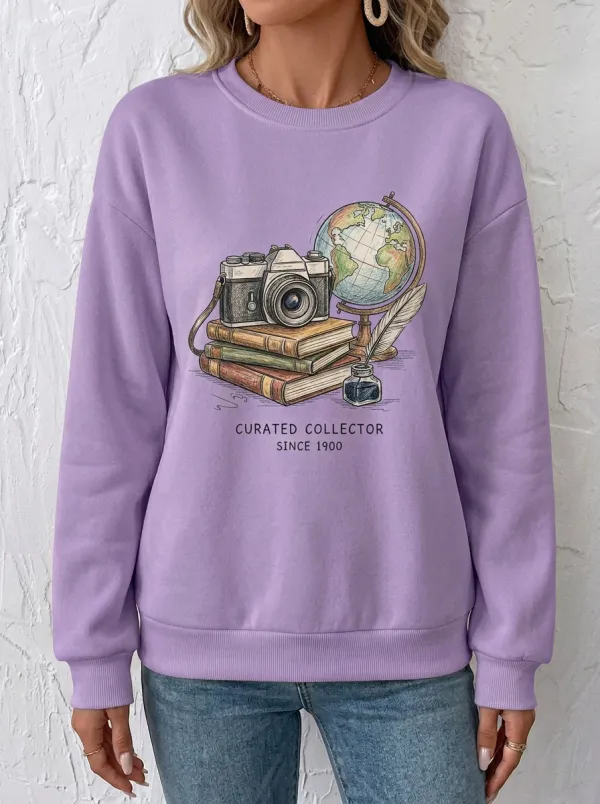 Women's Vintage Traveler Camera Globe Books Printed Sweatshirt