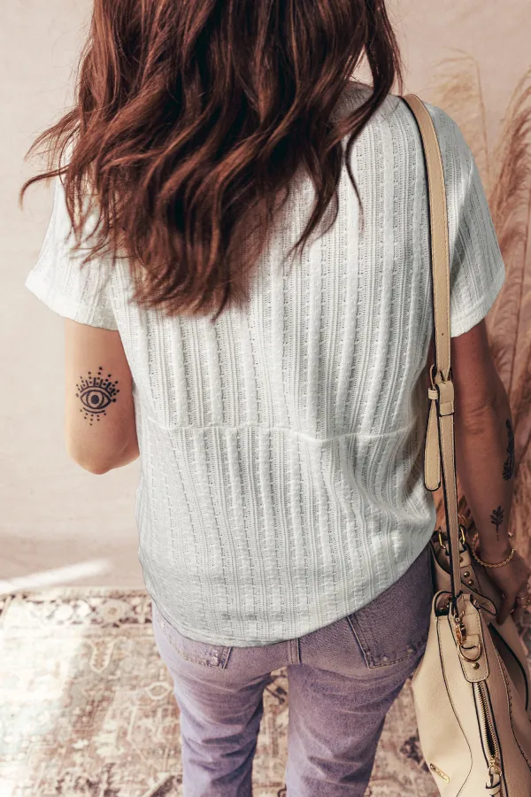 White Textured Button V Neck Tee