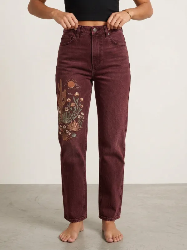 Women's Black Cactus Floral Embroidered High-Rise Straight Leg Jeans