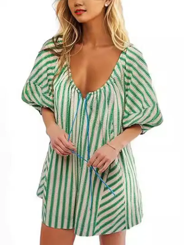 Short Sleeved Striped Jumpsuit Slim Loose Shorts