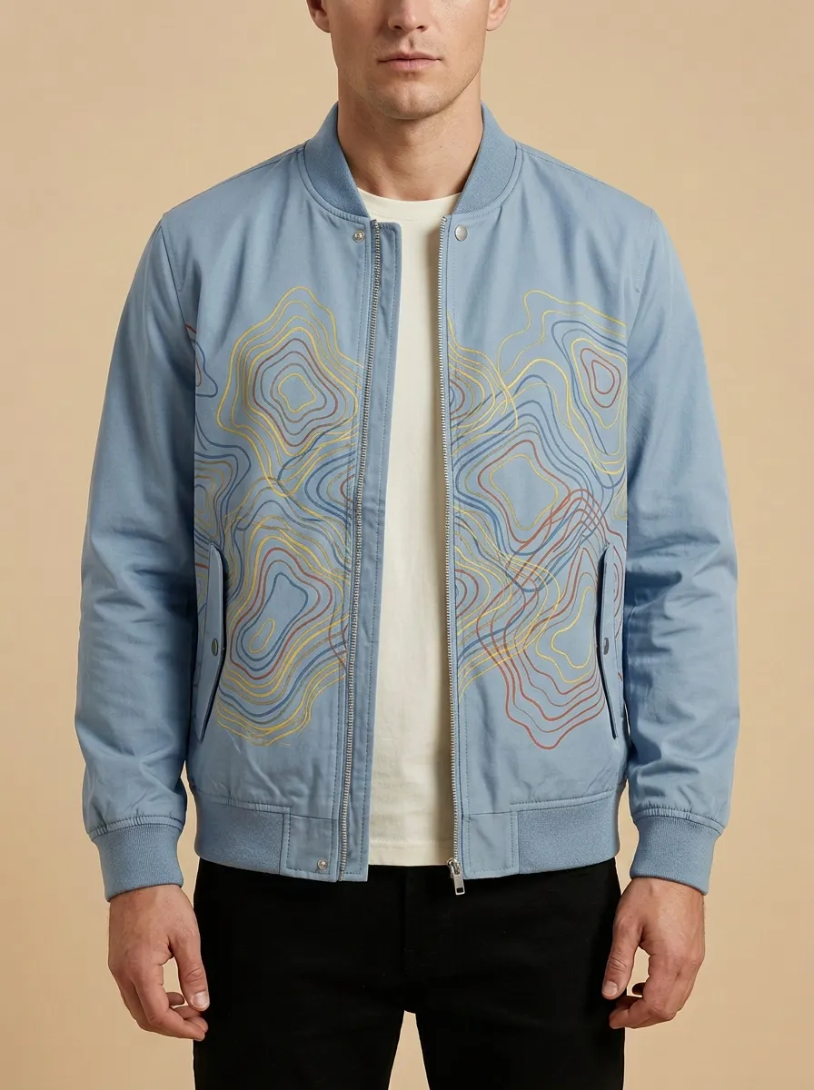Topographic Print Ribbed Trim Cuffed Sleeves Bomber Jacket