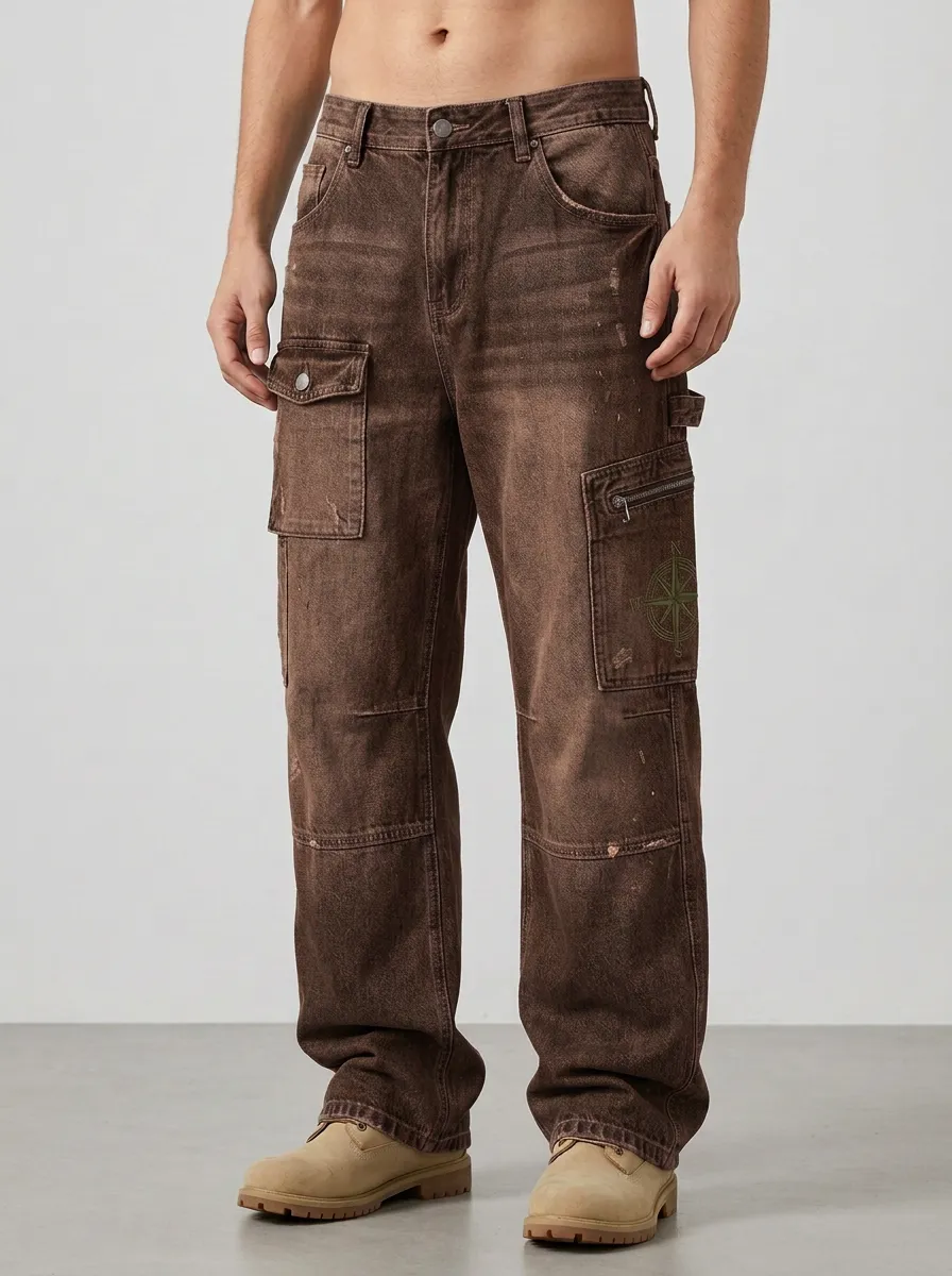 Men's Compass Graphic Distressed Denim Cargo Jeans