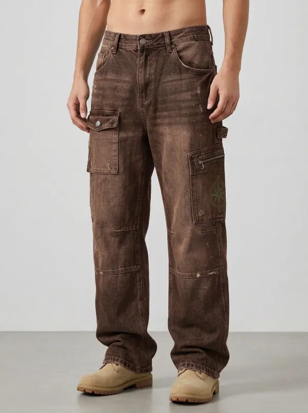 Men's Compass Graphic Distressed Denim Cargo Jeans
