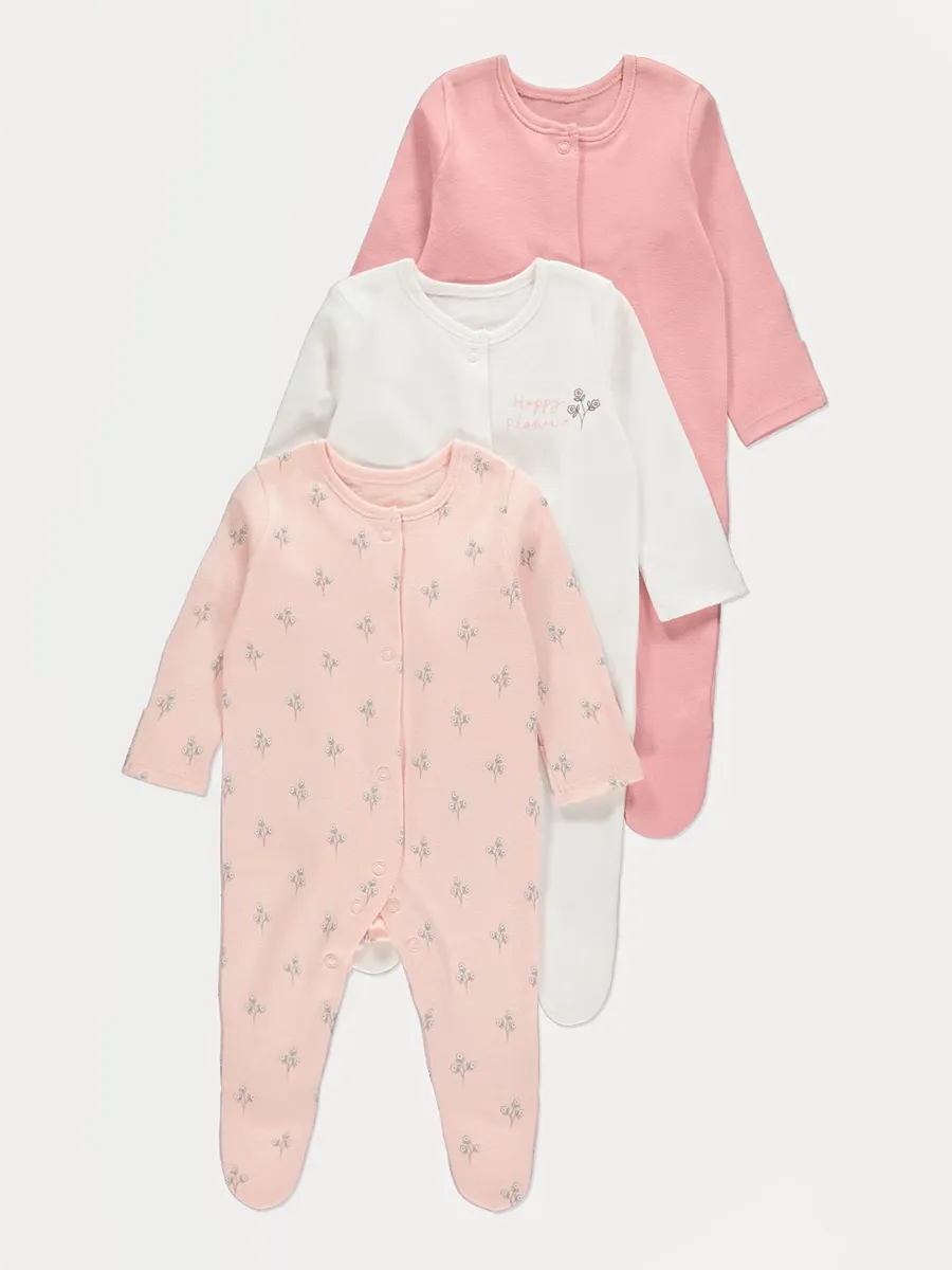 Pink Floral Long Sleeve Sleepsuits 3 Pack