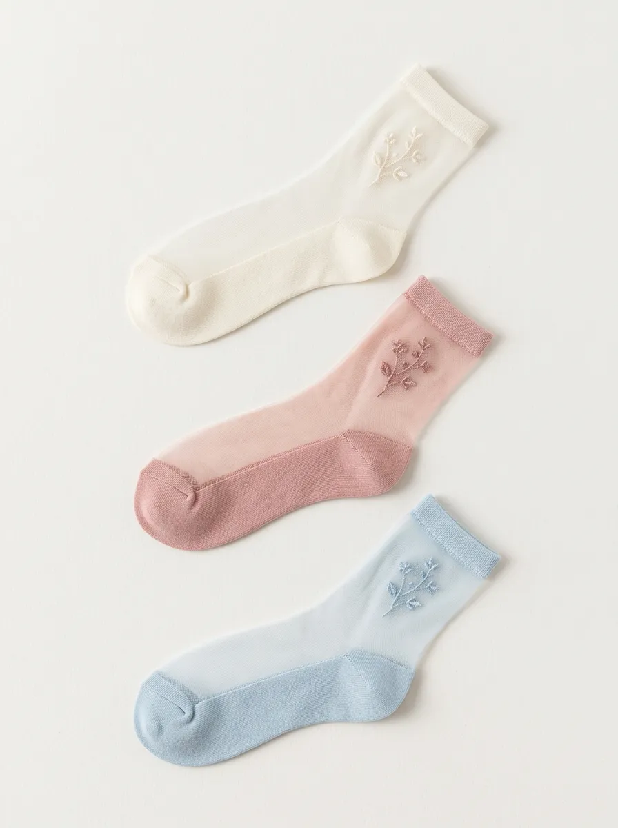 Women's Floral Botanical Embroidered Sheer Crew Socks 3-Pack
