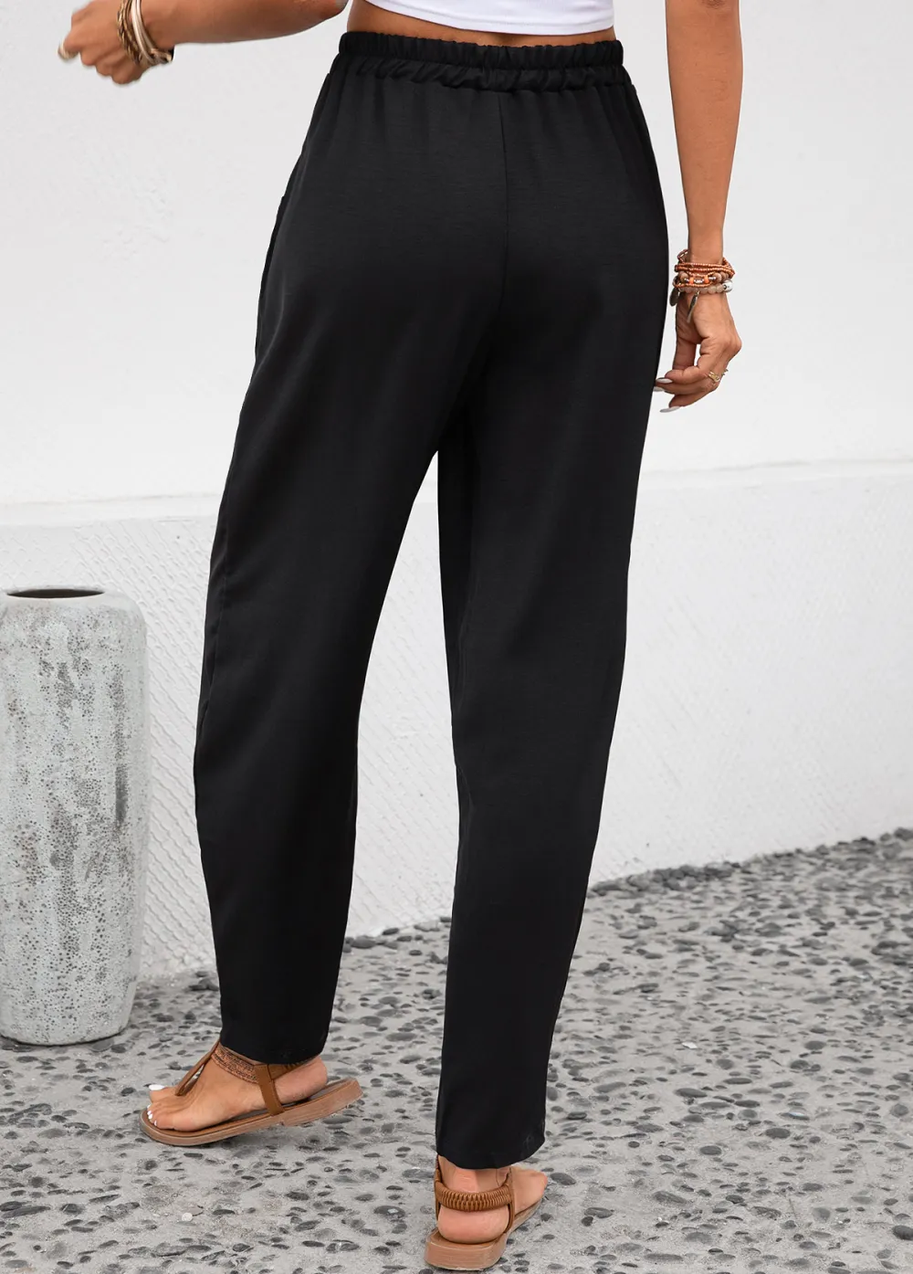 Black Pocket Elastic Waist High Waisted Pants