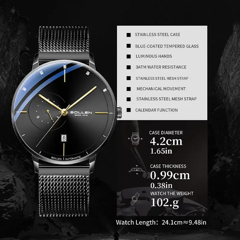 Sollen SL305 Men's Minimalist Automatic Mechanical Watch - 42mm Stainless Steel Case Slim 9.9mm 24H Subdial Date Window Wristwatch