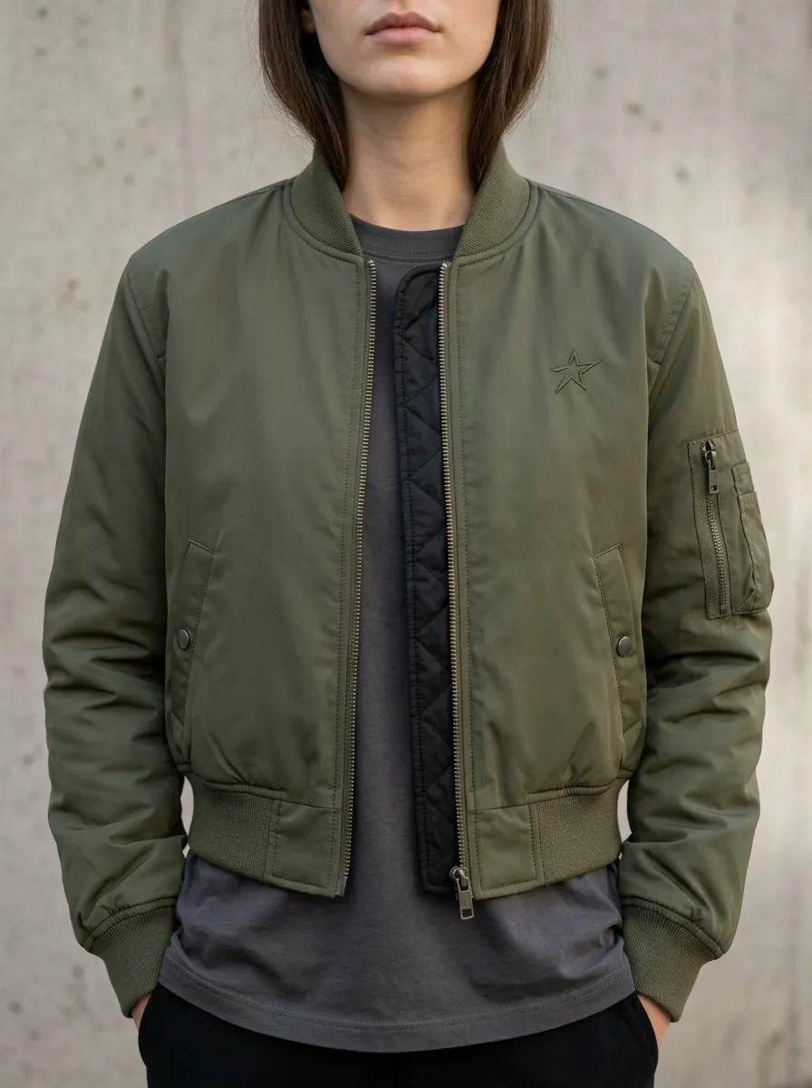 Women's Star Embroidered Olive Green Bomber Jacket