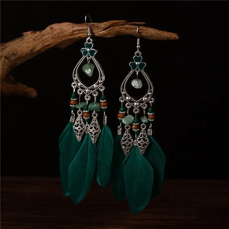 Feather Tassel Alloy Drop Earrings