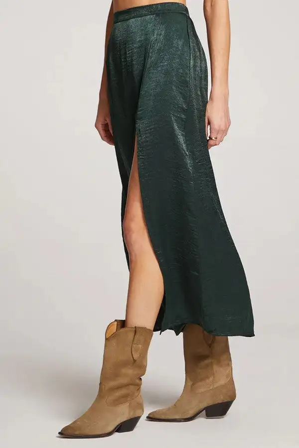 Dark Green Textured Slit Midi Skirt