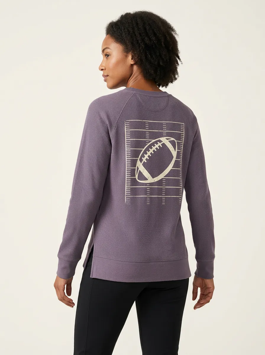 Women's Football Field Graphic Raglan Side-Slit Waffle-Knit Crewneck Sweatshirt