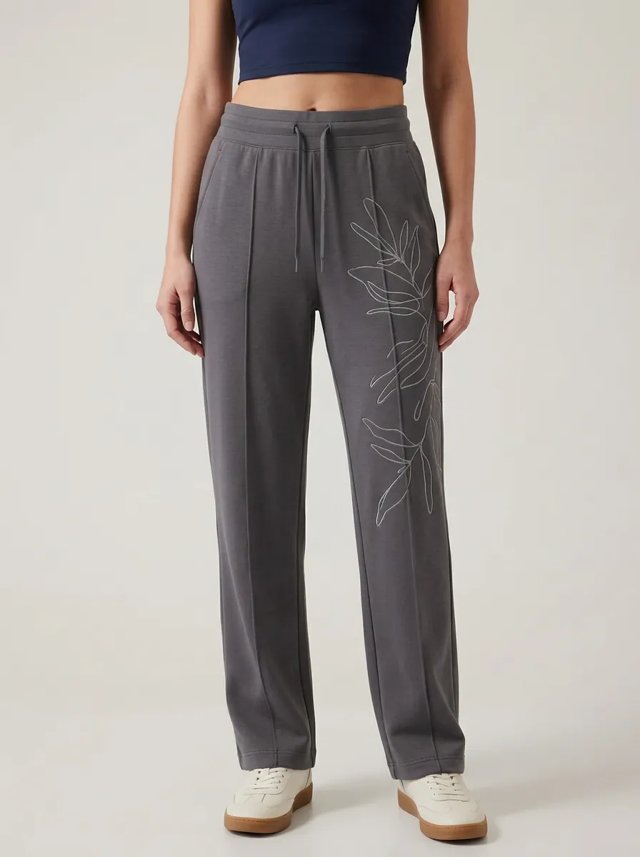 Women's Charcoal Botanical Embroidered Straight-Leg Joggers