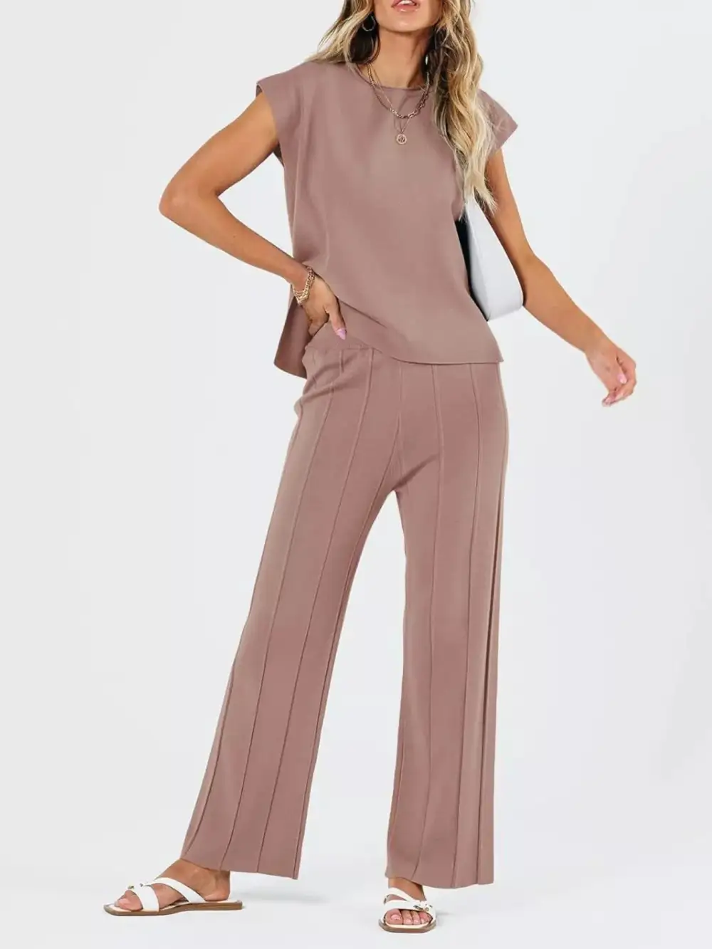 Relaxed Casual Solid Cap Sleeve Top and Pants Knit Set